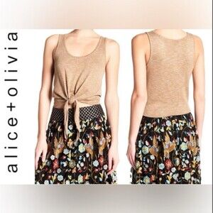 ALICE + OLIVIA Front Tie Tank Top Beige XS Soft Neutral Quiet Luxury Clean Girl